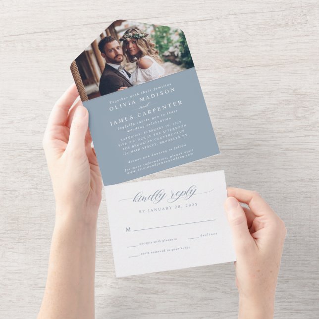 Invitation Tout En Un Elégant moderne Dusty Blue Photo Mariage RSVP (Déchirure)