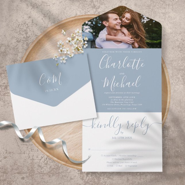 Invitation Tout En Un Élégant moderne Dusty Blue Script Mariage photo To (Créateur téléchargé)
