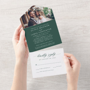 Invitation Tout En Un Élégant moderne Emerald Green Photo RSVP Mariage