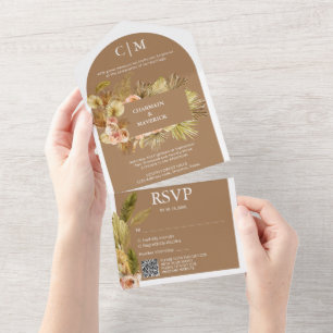 Invitation Tout En Un Élégant Monogramme de sucre Brown QR Code Arch Mar