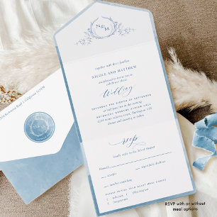 Invitation Tout En Un Élégant Monogramme et Mariage d'aquarelle bleu