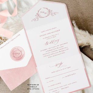 Invitation Tout En Un Élégant Monogramme et Mariage d'aquarelle rose