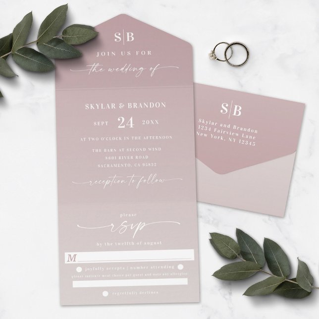 Invitation Tout En Un Elégant Monogramme Ombre Dusty Mauve & Mariage ivo (Créateur téléchargé)