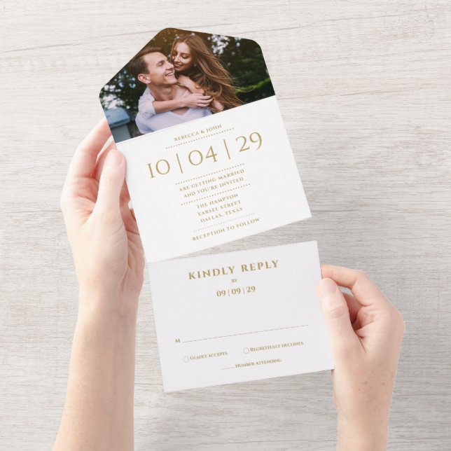 Invitation Tout En Un Elegant Monogramme or Mariage photo Date (Déchirure)