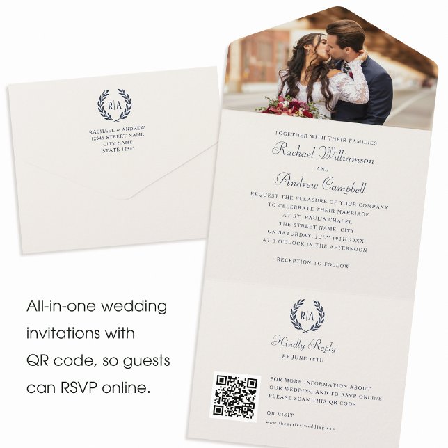 Invitation Tout En Un Élégant Monogramme QR Code Marine Mariage bleu (Créateur téléchargé)