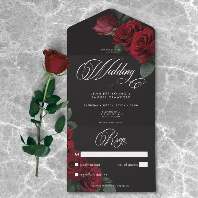 Invitation Tout En Un Élégant Moody Blood Red Roses Mariage Pas de dîner (Elegant Moody Blood Red Roses Wedding No Dinner All In One Invitation)