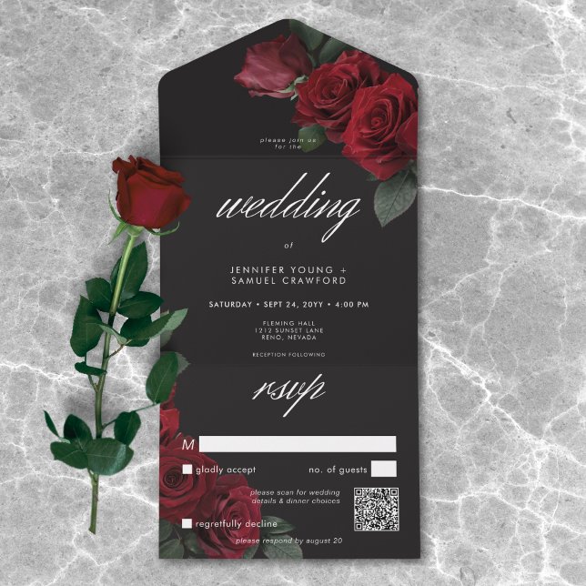Invitation Tout En Un Élégant Moody Blood Red Roses Mariage QR Code (Elegant Moody Blood Red Roses Wedding QR Code All In One Invitation)