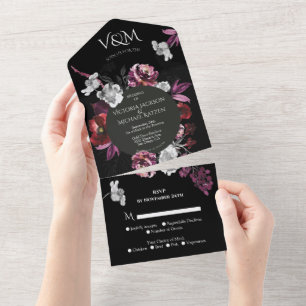 Invitation Tout En Un Élégant Moody Dark Purple Floral Mariage