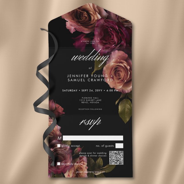Invitation Tout En Un Elégant Moody Muted Rust & Burgundy Floral QR Code (Elegant Moody Muted Rust & Burgundy Floral QR Code All In One Invitation)
