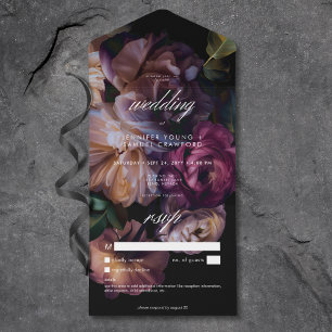Invitation Tout En Un Élégant Moody Noir Floral Mariage Pas de dîner