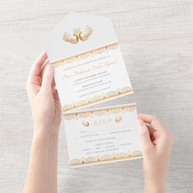 Invitation Tout En Un Élégant Motif d'or Mariage indien  (Déchirure)