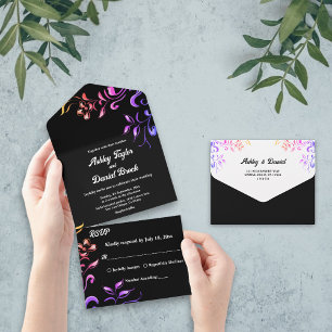 Invitation Tout En Un Elégant Neon Lumières Rose Black Floral Mariage