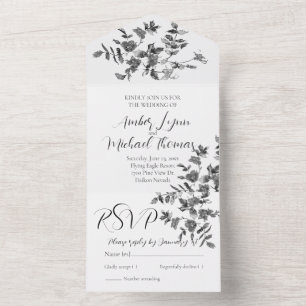Invitation Tout En Un Elégant noir blanc aquarelle floral