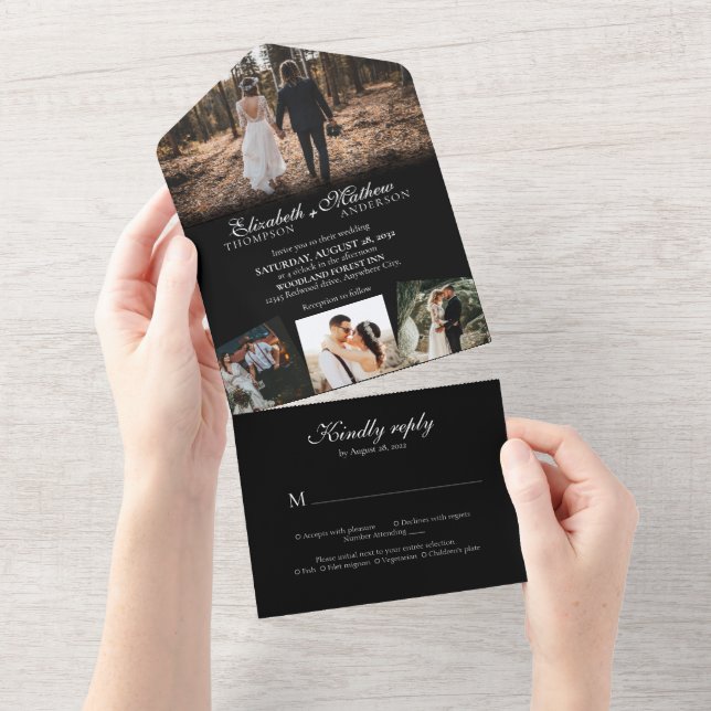 Invitation Tout En Un Élégant noir blanc calligraphie Mariage photo (Déchirure)