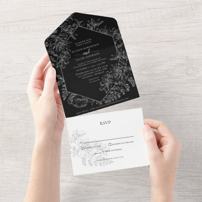 Invitation Tout En Un Élégant noir blanc Mariage botanique (Déchirure)