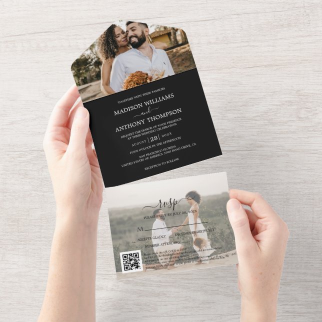Invitation Tout En Un Élégant Noir Blanc Simple 2 Photo Code Qr Mariage (Déchirure)