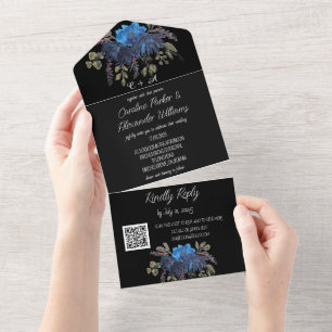 Invitation Tout En Un Elégant noir bleu floral moderne RSVP QR Code