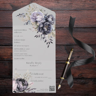 Invitation Tout En Un Élégant noir et lavande floral sur gris QR Code