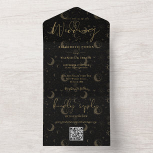 Invitation Tout En Un Élégant noir et or Celestial QR Code Mariage
