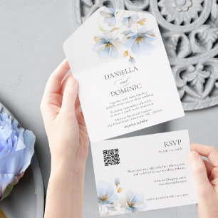 Invitation Tout En Un Élégant or bleu Fleur sauvage de fleurs QR Mariage