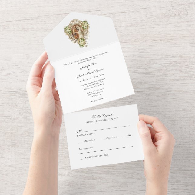 Invitation Tout En Un Élégant or catholique Mariage floral (Déchirure)