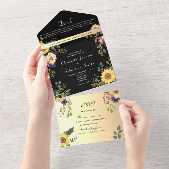 Invitation Tout En Un Élégant or floral et Mariage noir (Déchirure)