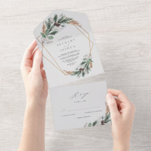 Invitation Tout En Un Elégant or Géométrique Mariage de verdure hiver