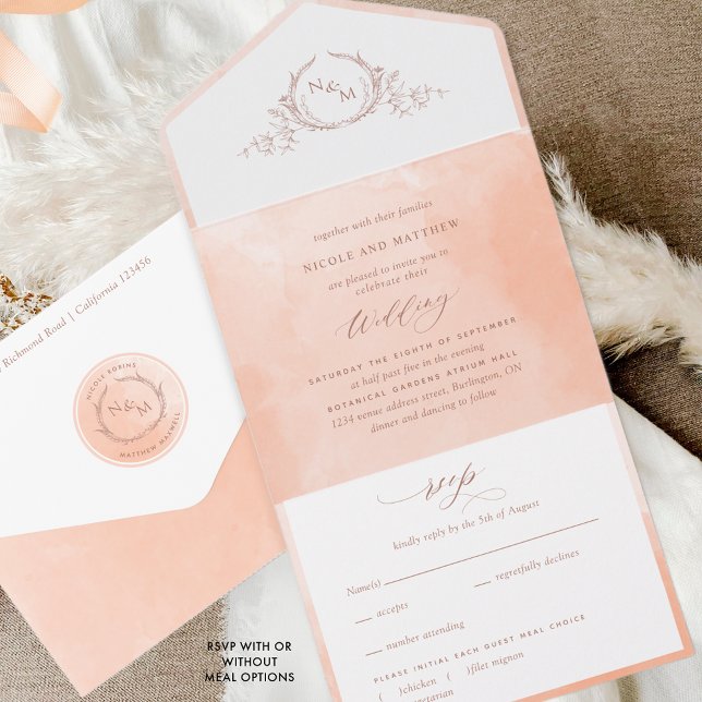 Invitation Tout En Un Elégant Peach Aquarelle Monogramme Mariage Tout En (Créateur téléchargé)