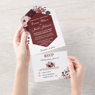 Invitation Tout En Un Élégant Peach Pink Burgundy Floral Mariage