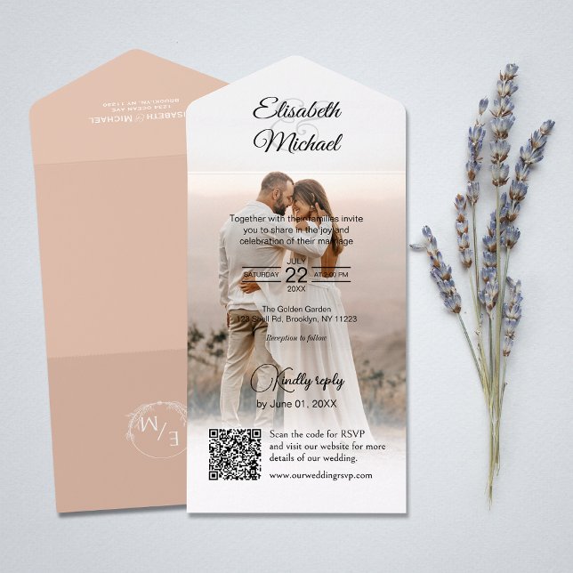 Invitation Tout En Un Elegant Peach QR Code Mariage photo (All-in-one wedding invitation with QR code to RSVP - Simplify and save time for you and your guests.)