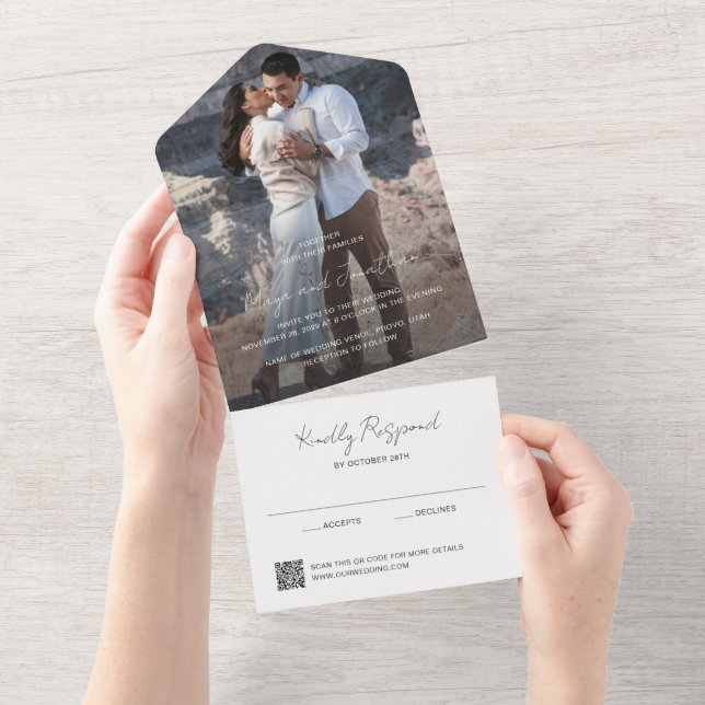 Invitation Tout En Un Elegant Photo QR Code Modern Wedding (Déchirure)