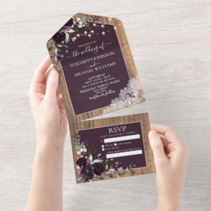 Invitation Tout En Un Élégant Plum violet Rustique Mariage de dentelle e
