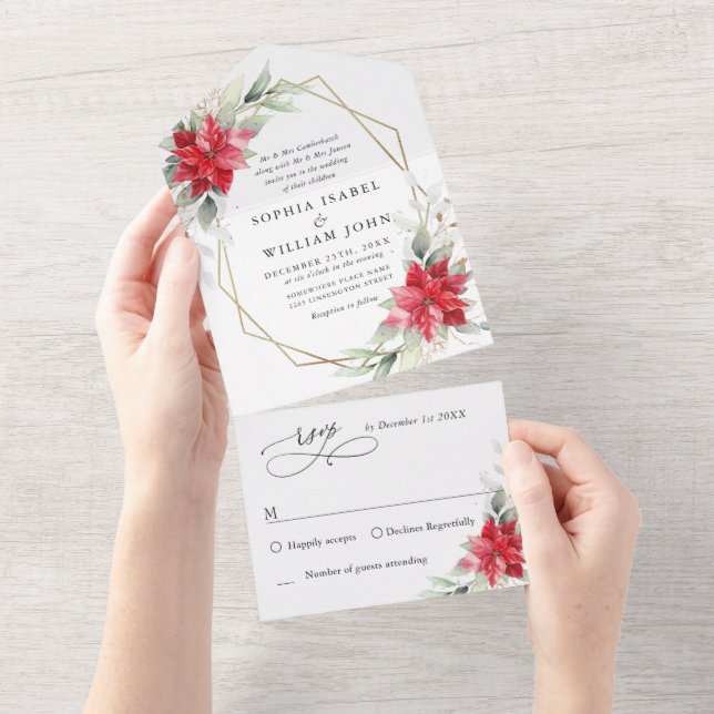 Invitation Tout En Un Élégant Poinsettia Mariage de verdure hivernale (Déchirure)