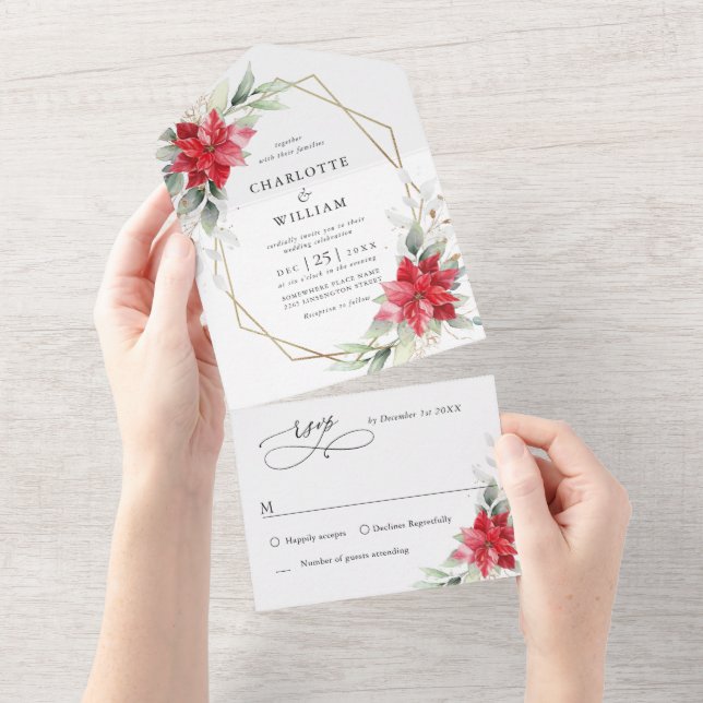 Invitation Tout En Un Élégant Poinsettia Mariage de verdure hivernale (Déchirure)