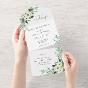 Invitation Tout En Un Élégant Rose d'or blanc floral Mariage d'aquarelle