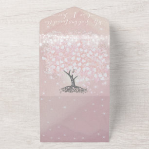 Invitation Tout En Un Élégant Rose Pink Heart Leaf Tree Mariage