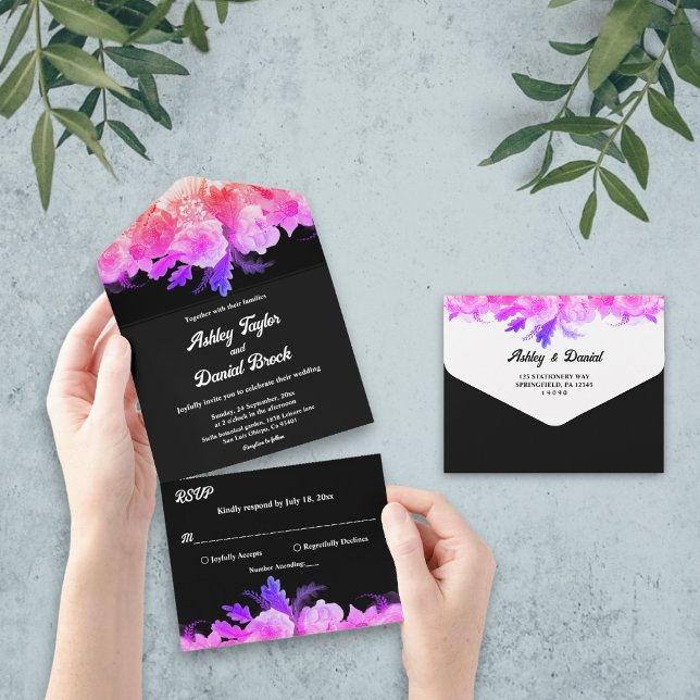 Invitation Tout En Un Élégant Rose romantique brillant Neon Mariage flor (Créateur téléchargé)