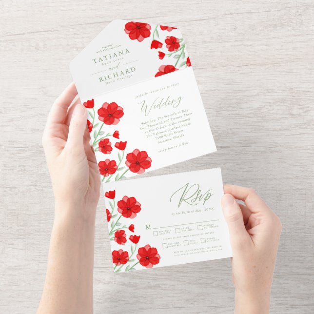 Invitation Tout En Un Elégant Rouge Aquarelle Poppy Floral Garden Mariag (Déchirure)