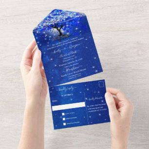 Invitation Tout En Un Élégant Royal Blue Heart Leaf Tree Mariage tout en