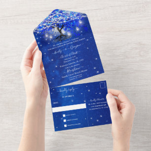 Invitation Tout En Un Élégant Royal Blue Heart Leaf Tree Mariage tout en