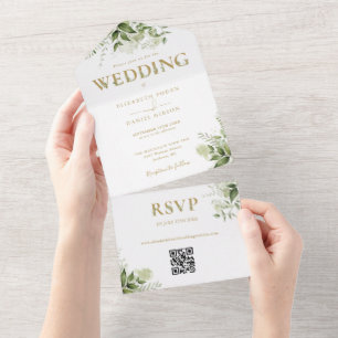 Invitation Tout En Un Elégant Rustic Greenery Gold QR Code Mariage