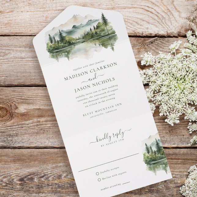 Invitation Tout En Un Élégant Rustic Pine Mariage paysage de montagne (Créateur téléchargé)