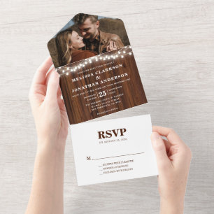 Invitation Tout En Un Élégant Rustique Bois Chaîne Lumières Mariage phot