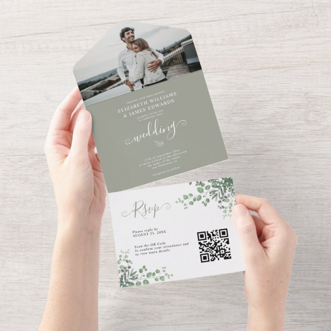 Invitation Tout En Un Elégant Rustique Eucalyptus Photo QR Code Mariage (Déchirure)