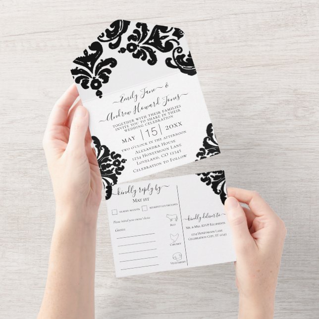 Invitation Tout En Un Elégant Rustique Simple Floral Damask Design (Déchirure)