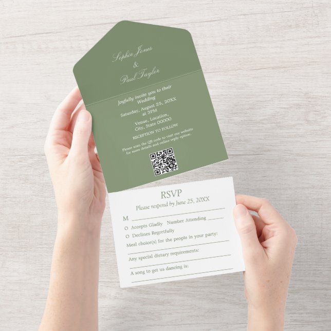 Invitation Tout En Un Elégant Sage Green All in One Wedding Inviter (Déchirure)