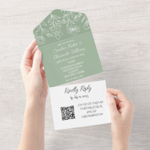 Invitation Tout En Un Elégant Sage Vert Floral moderne RSVP QR Code