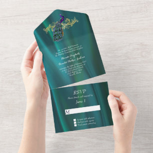 Invitation Tout En Un Élégant Satin Turquoise et Peacock