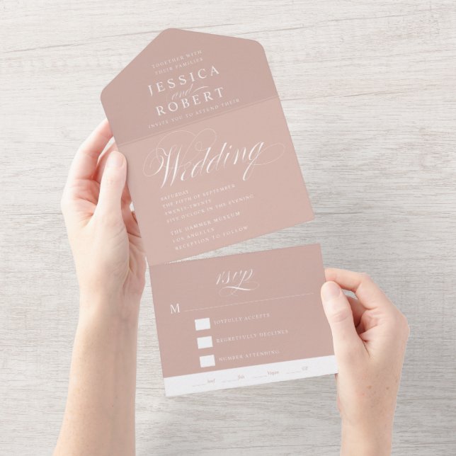 Invitation Tout En Un Élégant Script Dusty Rose Mariage de calligraphie (Déchirure)