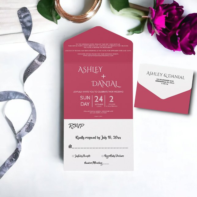 Invitation Tout En Un Élégant Script minimal Magenta Moderne Chic Mariag (Créateur téléchargé)
